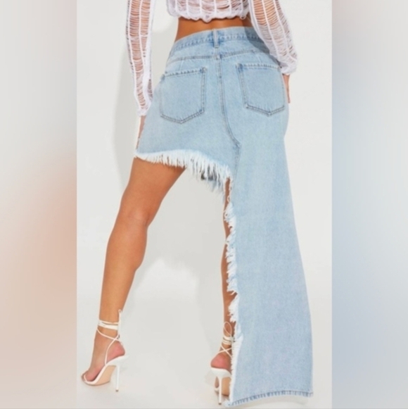 Fashion Nova Light Blue Denim Distressed Maxi Skirt - Picture 3 of 9
